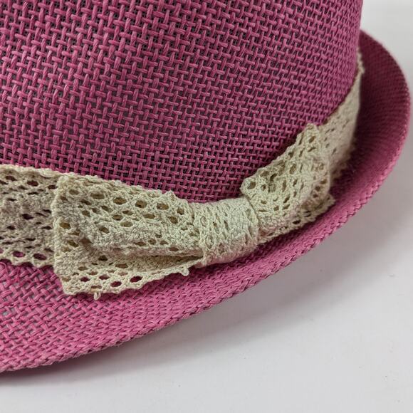 Womens Pink Straw Fedora Hat Hatter Company Ivory Lace Bow One Size Cap Trilby - Picture 8 of 8